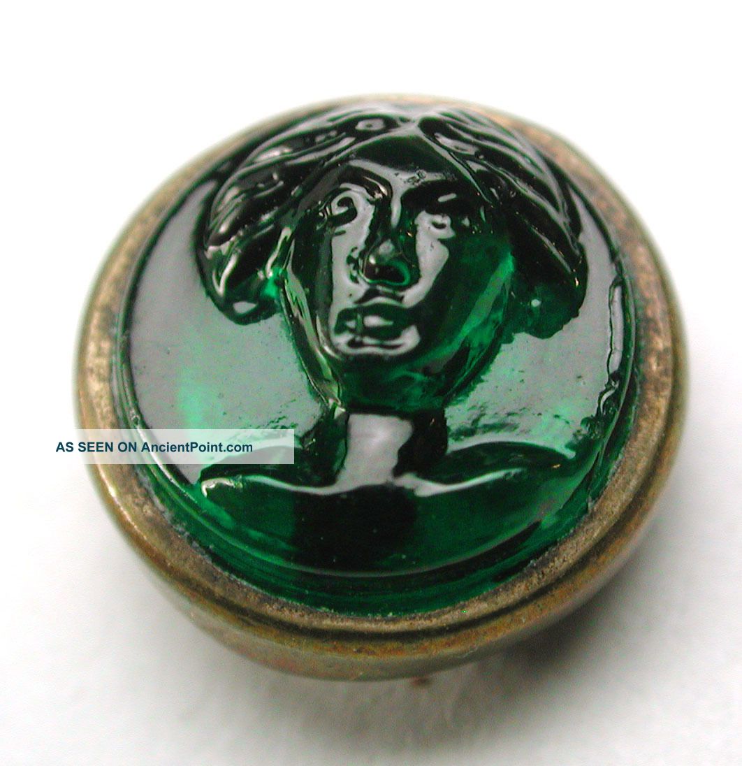 Antique Glass In Metal Button Green Womans Head In Brass - 3/8 Inch Buttons photo