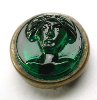 Antique Glass In Metal Button Green Womans Head In Brass - 3/8 Inch photo