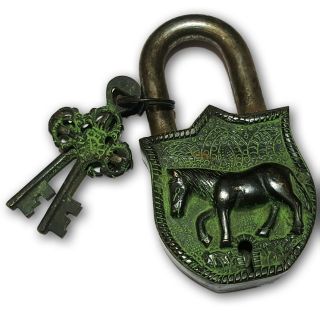 Hand Built Vintage Antique Royal Horse Themed Style Padlock Lock W 2 Keys Bl 017 photo