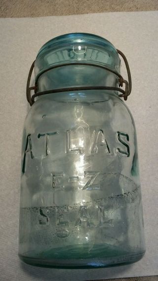 Vintage Old Fruit Canning Jar Quart Light Green Atlas E - Z Seal Swirled Bubbled photo
