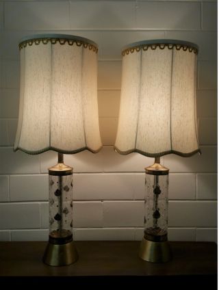 Vintage Hollywood Regency Gold Glass Table Lamps Mid Century W/shades photo