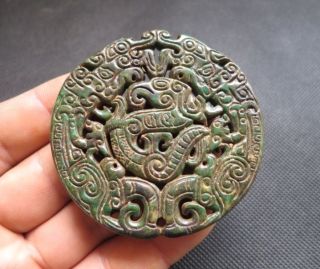 Old Chinese Green Jade Hand - Carved Dragon And Phoenix Amulet Pendants photo
