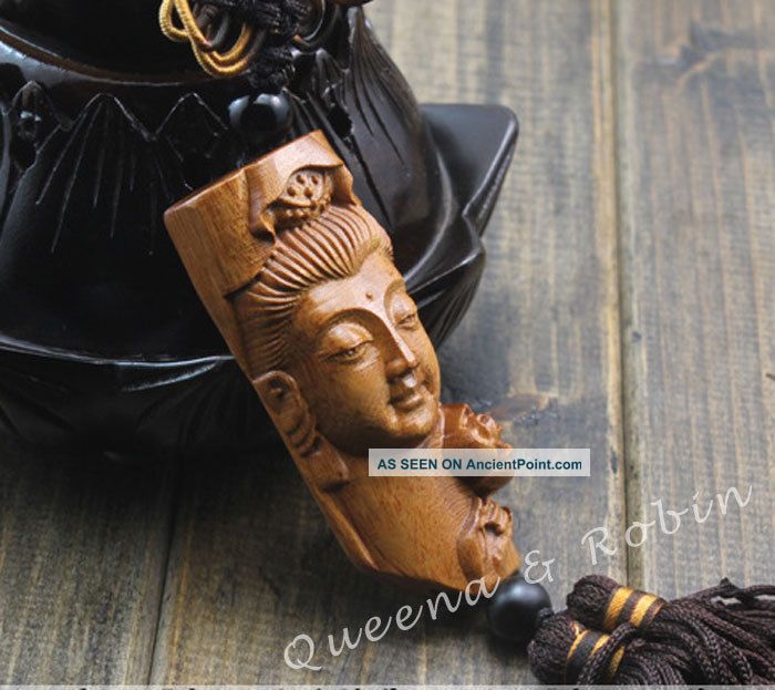 Chinese Wood Carving Guan Kwan Yin Head Statue Sculpture Amulet Car Pendant W25 Amulets photo