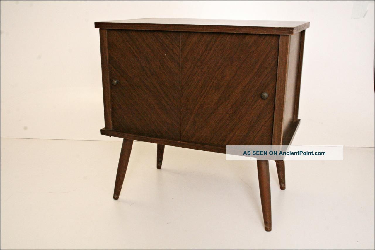 Mid Century Record Cabinet Danish Modern Vtg Wood Table Stand Lp Storage Mod 60s Post-1950 photo