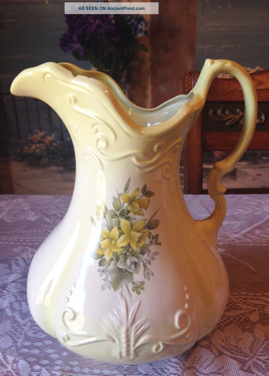 Ironstone England Vintage Yellow/white/green Pitcher W/ Flowers - 1890 Pitchers photo