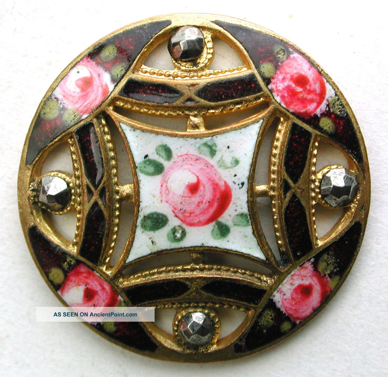 Antique Button Enamel Button Pierced W Hand Painted Flowers And Cut Steels Buttons photo