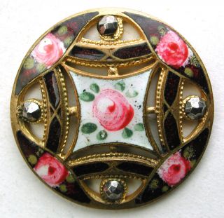 Antique Button Enamel Button Pierced W Hand Painted Flowers And Cut Steels photo