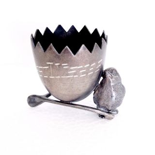 Victorian Silverplate Best Wishes Toothpick Holder Egg Cup Bird Chick Wishbone photo