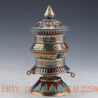 Old Tibet & Nepal Gilt Bronze Inlaid Turquoise & Ruby Rotation Scriptures photo