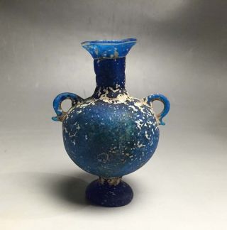 Rare Roman Old Blue Glass Two Ears Bottle photo