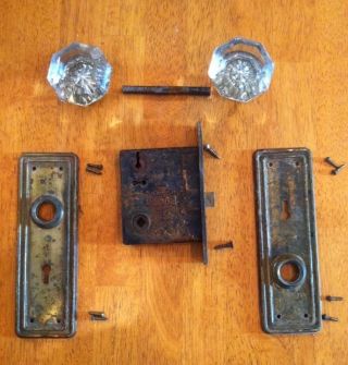 Antique Depression Era Sargent Door Lock Hardware Glass Doorknobs Brass Iron Vtg photo