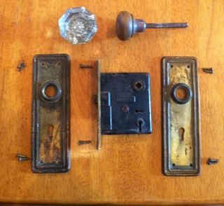 Antique Depression Era Sargent Door Lock Hardware Glass Doorknobs Brass Iron Vtg photo