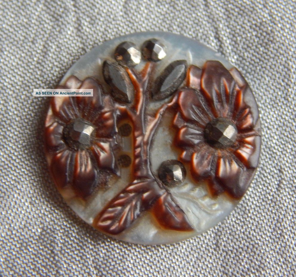 Antique Flower Picture Button Carved Mother Of Pearl With Cut Steel 163a Buttons photo