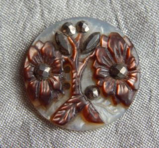 Antique Flower Picture Button Carved Mother Of Pearl With Cut Steel 163a photo
