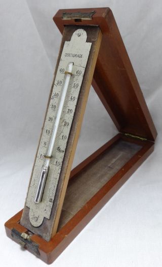 Antique French Centigrade Thermometer Mounted In Hardwood Case/ Stand photo
