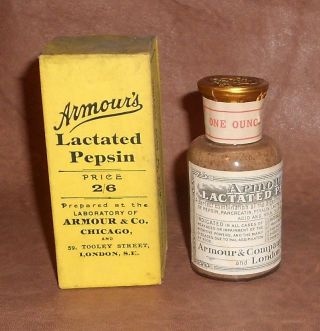 C1905 Antique Medicine Bottle Armour ' S Pepsin W/ Box & Tin Foil Seal & Contents photo