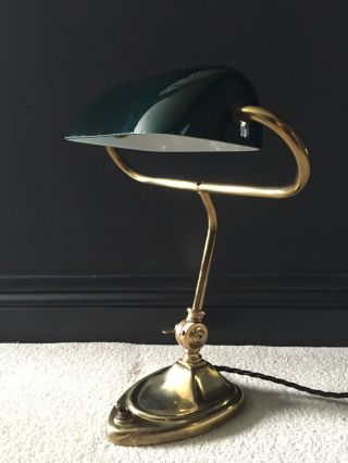 1930 ' S English Antique Vintage Bankers Desk Lamp Industrial Brass Green Glass photo