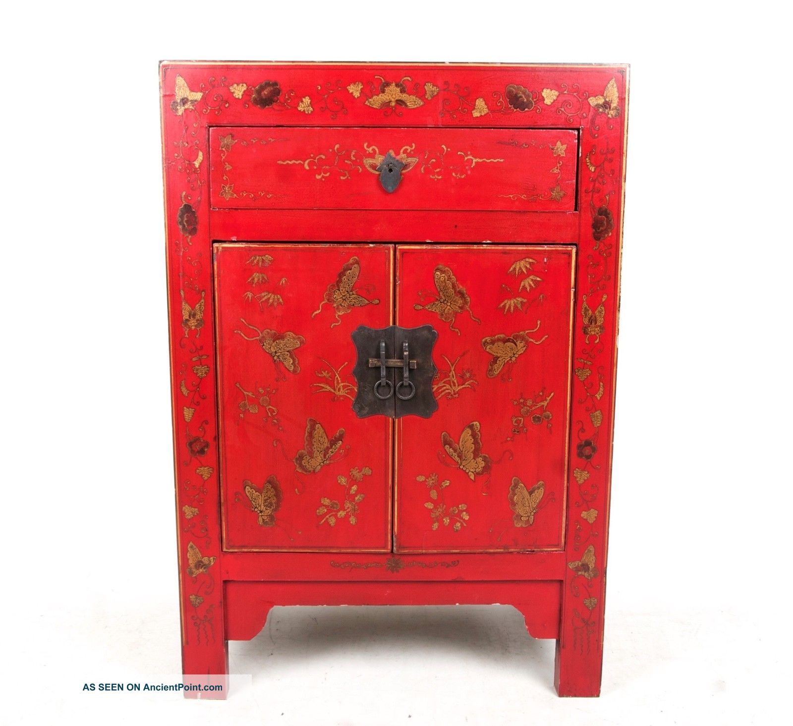 Chinese Lacquer Cabinet Red Oriental Inlaid Drinks Cabinet Cupboard 1900-1950 photo