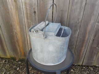 Vintage Deluxe Galvanized Mop Bucket With Wooden Rollers photo