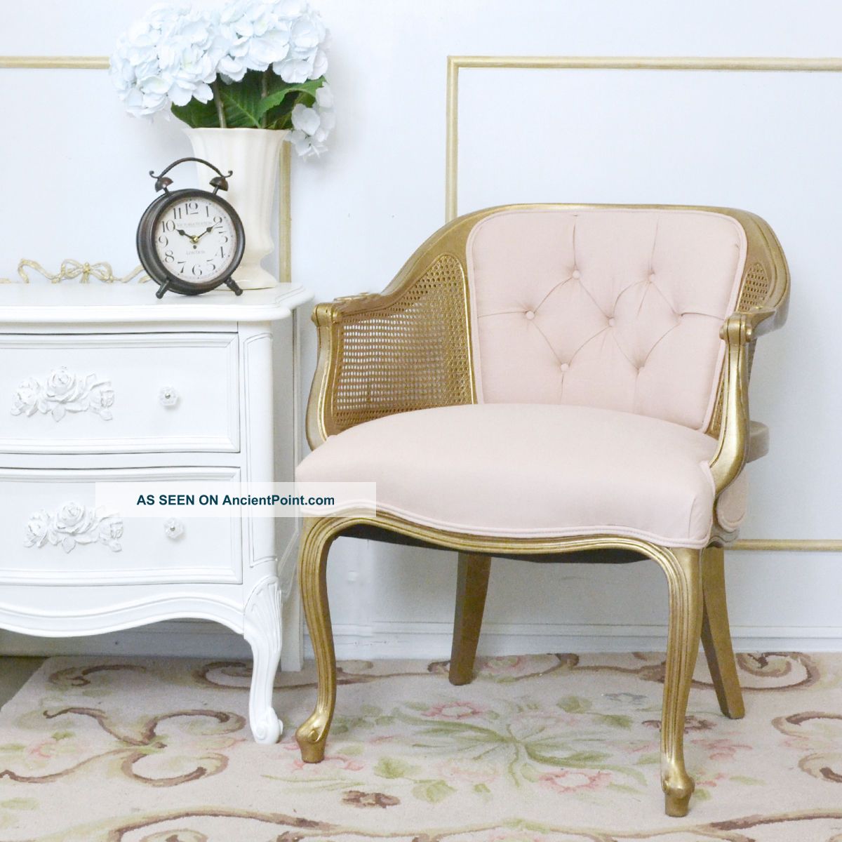 Shabby Cottage Chic Tufted Pink Linen Cane Banquette Chair Gold Home Furniture 1900-1950 photo