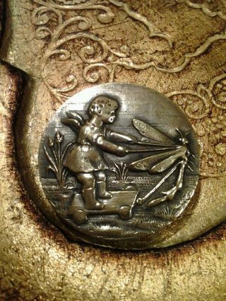 Antique Brass Metal Picture Button Cherub Pulled By Dragonfly Paris photo