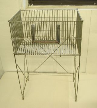 Industrial Metal Wire Basket On Stand,  Collapsible Steam Punk Table Storage Bin photo