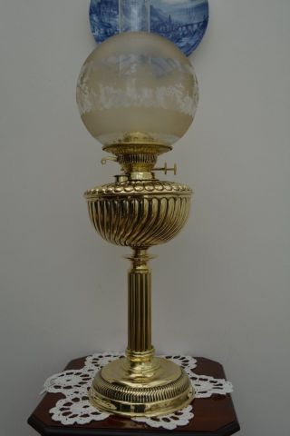 Ewardian Twin Burner Oil Lamp.  Brass Ribed Font photo
