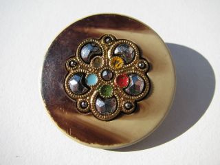 Rare Antique Vintage 30mm.  Celluloid Cut Steel Stones Enamel Metal Sewing Button photo