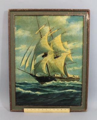 Vintage Artist Signed 3 - Masted Clipper Ship Maritime Seascape Oil Painting Nr photo