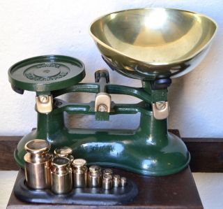 Vintage English Green Boots Kitchen Balance Scales 9 Metric Weights On Stand photo