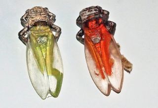 2 Vintage Carved Celluloid Lucite Insect Dragonfly Bugs Buttons 44mm Red Yellow photo