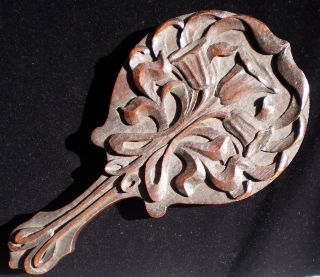 Antique English Arts And Crafts Movement Hand Mirror Carved Oak Floral Celtic photo