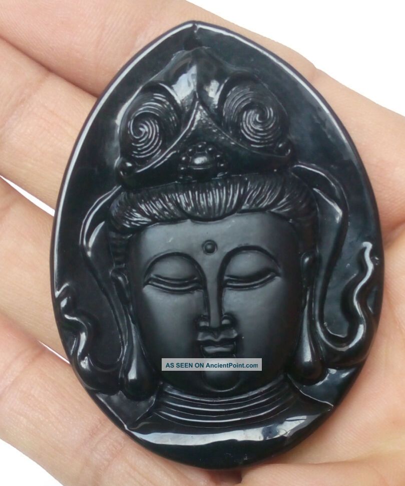 Chinese Natural Obsidian Hand - Carved Pendant Of Goddess Mercy Necklaces & Pendants photo