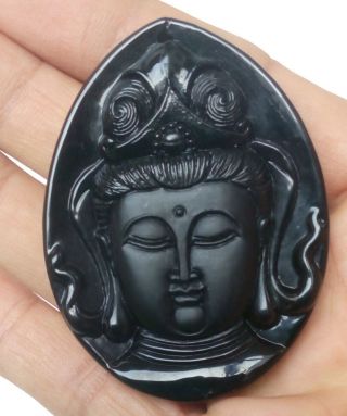 Chinese Natural Obsidian Hand - Carved Pendant Of Goddess Mercy photo