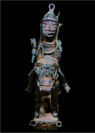 Old Tribal Cast Bronze Sculpture Of Oba Of Benin Riding A Horse Edo,  Nigeria photo