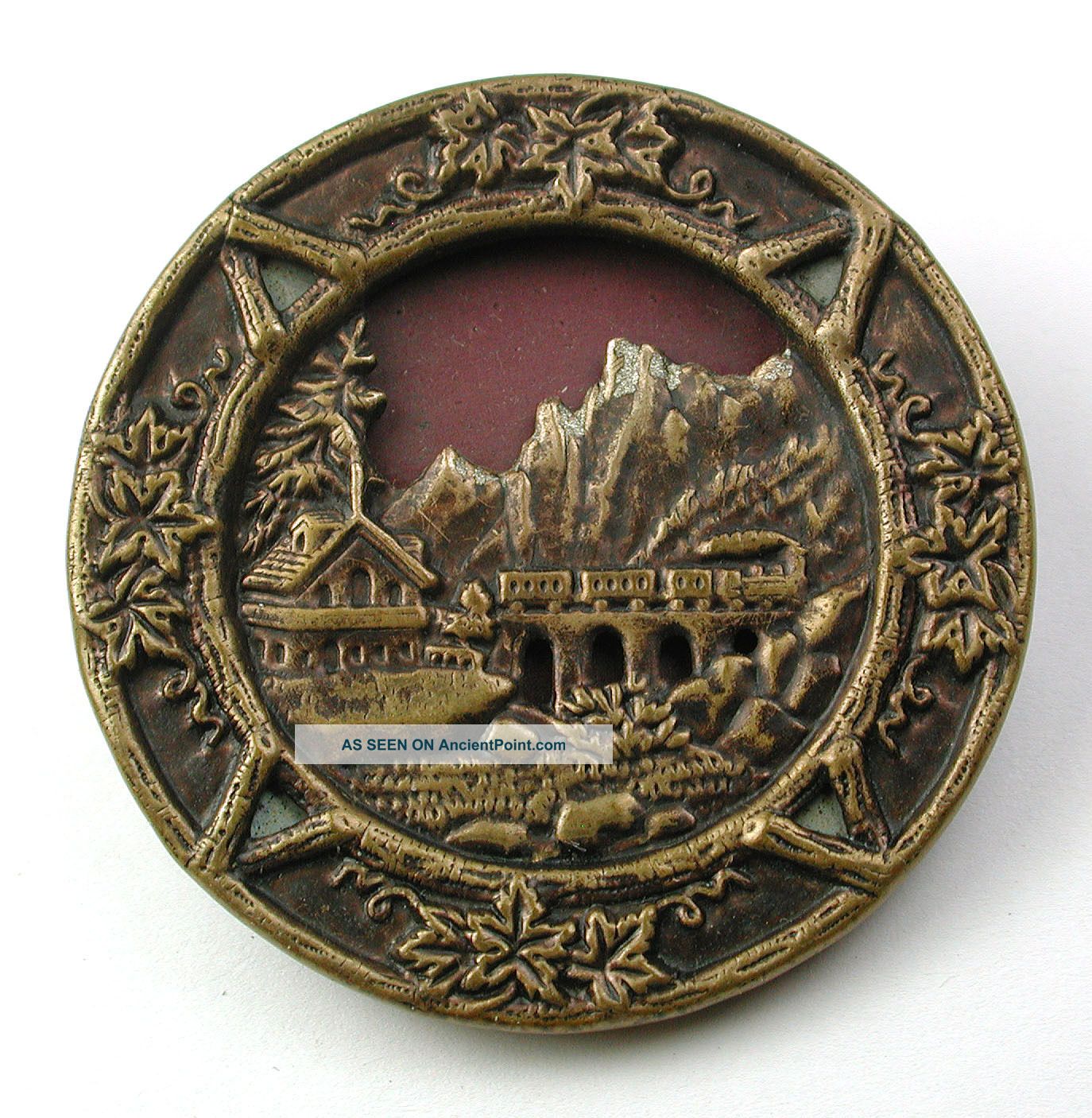 Antique Brass Button Charming Train Crossing Bridge In Mountainous Scene Lg Sz Buttons photo
