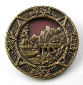Antique Brass Button Charming Train Crossing Bridge In Mountainous Scene Lg Sz photo