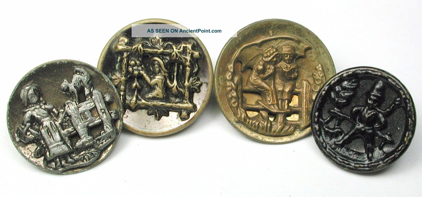 4 Antique Brass Buttons Kate Greenaway Designs - 9 - 16 To 11/16 Inch Buttons photo