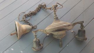 Antique Fancy Brass Two - Light Hanging Chandelier Light Fixture C1885 Unrestored photo