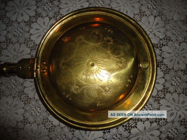 Antique Bed Warmer Spun Brass,  Riveted,  Long Hard Wood Handle,  Brass Bedwarmer Primitives photo