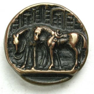 Antique Brass Equestrian Button 2 Horses Tethered Outside Of A Building - 5/8 
