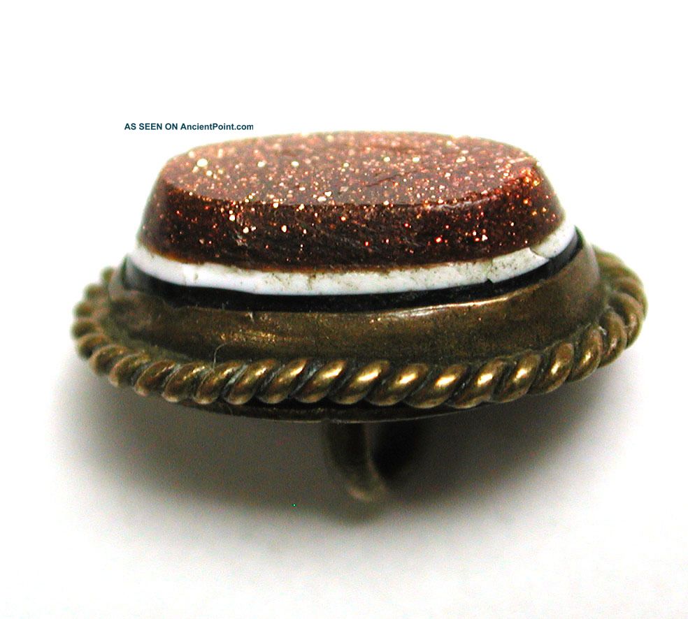 Antique Glass In Metal Button Copper Sparkle W/ White Band In Oval Brass Buttons photo