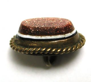 Antique Glass In Metal Button Copper Sparkle W/ White Band In Oval Brass photo