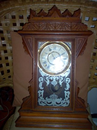 Antique 1890 ' S Gilbert Leopard Mahogany Eastlake Kitchen Clock - Pendulum & Key photo