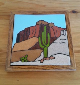 Vintage 1983 Fiesta Tiles Desert Cactus Scene Hand - Painted Ceramic Tile Art D15 photo