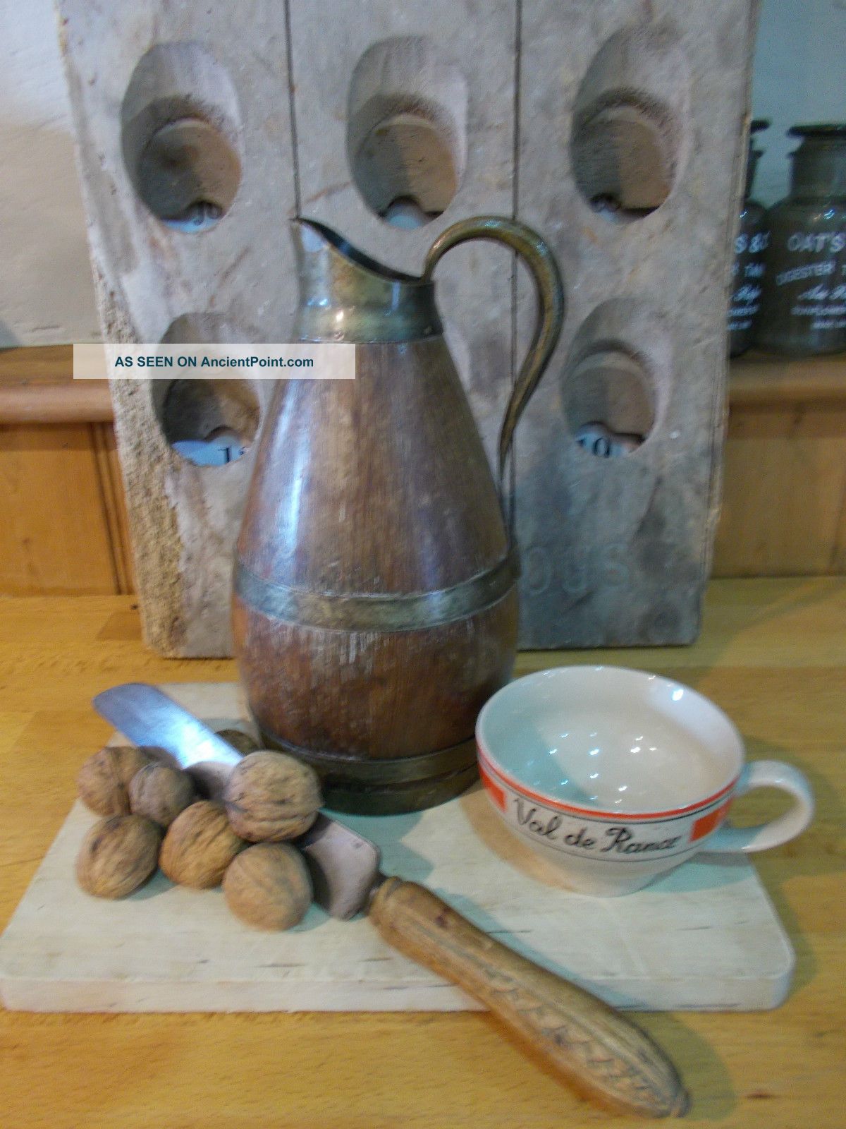 Vintage French Wooden Normandy Cider Jug Pitcher Staved Oak Brass Rivets Other Antique Woodenware photo