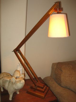Mid Century Modern Adjustable Danish Desk Lamp Teak Oak Finish Canvas Shade photo