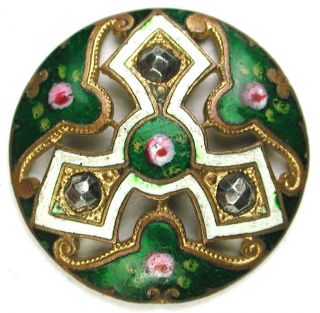 Antique French Enamel Button Colorful Triad Flowers Design W/ Cut Steel Accents photo