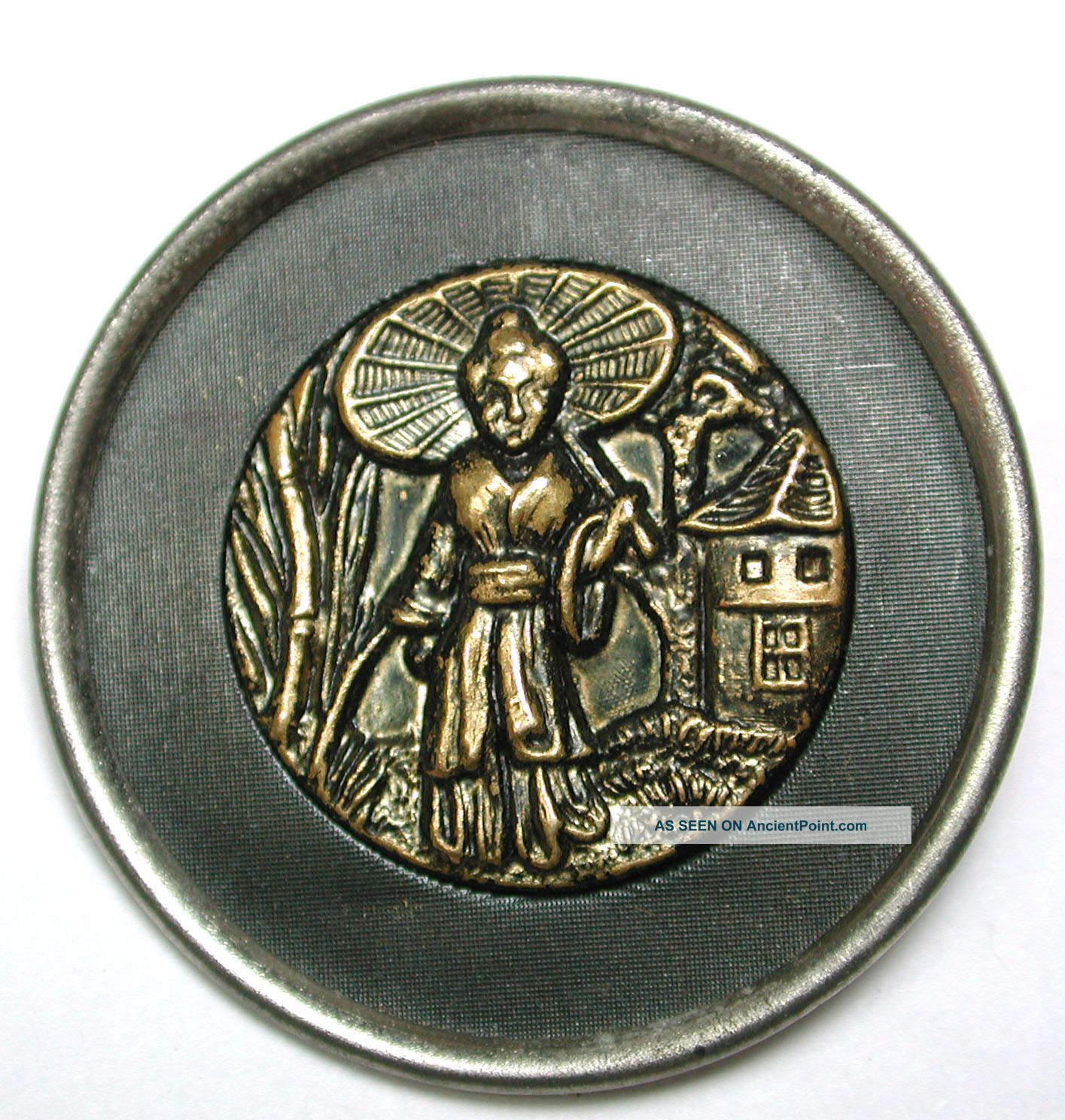 Antique Brass & Steel Button Detailed Asian Woman Walking With Parasol - Lg Sz Buttons photo