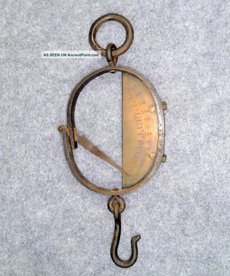 Spring Scale Hanging Brass 300 Lbs Grain Hides Rare Antique Scales photo